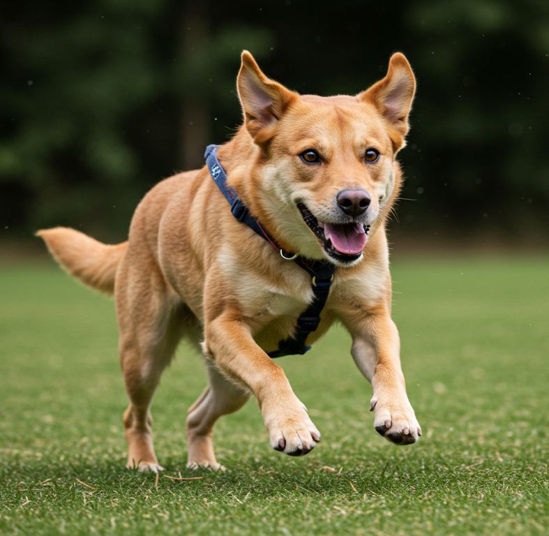 Happy mixed breed dog running outdoors