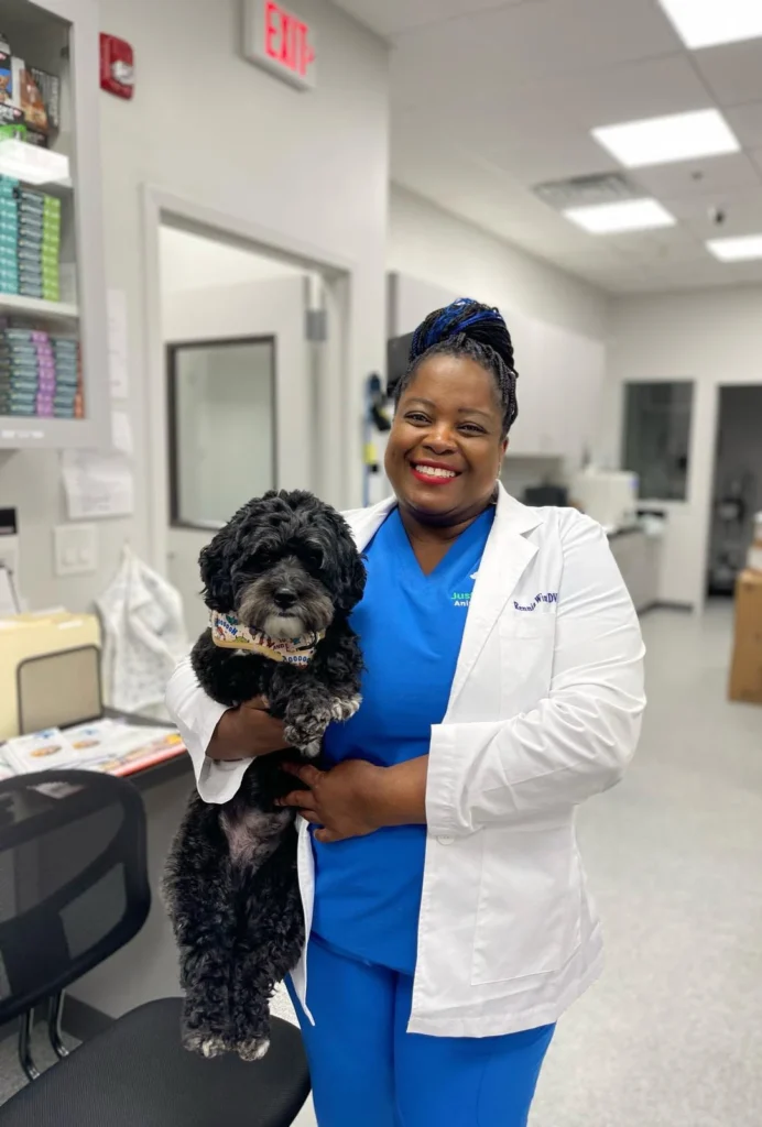 Veterinary medic holding a dog